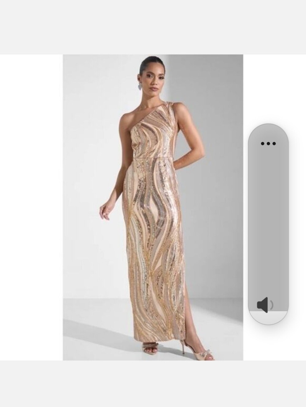 Adrianna Papel Gold ,Silver And Champaign Sequined One Shoulder Lined Maxi Gown.